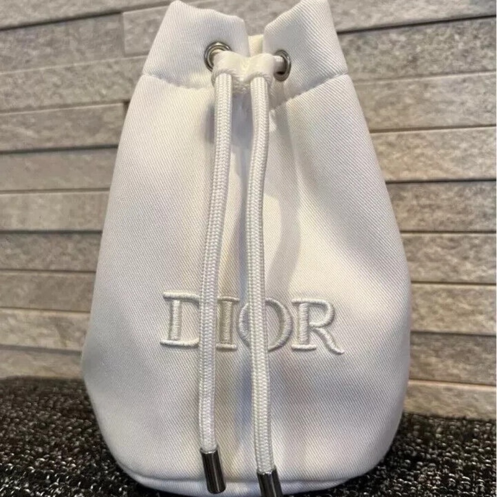 💋Dior NEW White Twill Drawstring Pouch Makeup Bucket Bag Logo